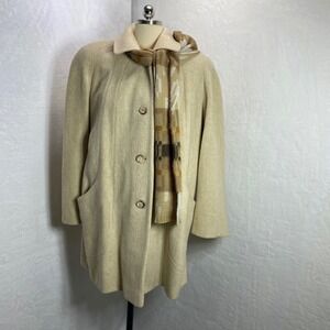 VTG Wool Blend Coat Womens Beige Button Front Long Sleeve Crafted in USA w Scarf